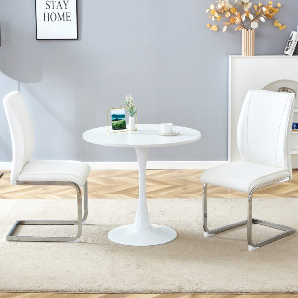 be90ebc8f4fc423797ed0b2e22b52c18_adcab24bfd740f5000735d1dea59e9e3 Table and chair set.Hourglass-Shaped Stable Small Round Table -31.9" * 31.9" With 2 Soft and Comfortable White PU Chair With Arched Metal Silver Leg.Create Your Exclusive Low-Key Luxury Space.