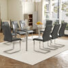 Table and chair set.71 * 35.4 inch rectangular dining table.Tempered Glass Tabletop,Silver 7-shaped Metal Table Legs.Paried With 8 Dark Gray High-quality PU Chairs With Arched Metal Legs.