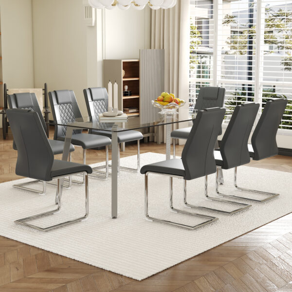 be963f82be924d6f9a5d340b57c2cc40_2b94babf60d9c9ddacd2084a64f2d829 Table and chair set.71 * 35.4 inch rectangular dining table.Tempered Glass Tabletop,Silver 7-shaped Metal Table Legs.Paried With 8 Dark Gray High-quality PU Chairs With Arched Metal Legs.