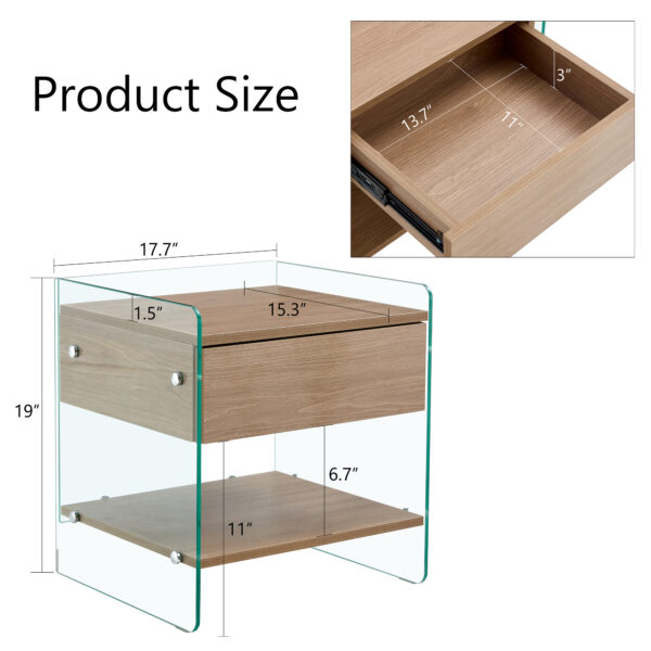 be9d45c0174b4a1f8ad826f46b4ea853_105d610d50b5c2142b19ecffdc6465e6 Bedside table with drawers. The board surface is MDF sticker, and both sides are transparent tempered glass. The design is simple and elegant, with excellent storage functions.