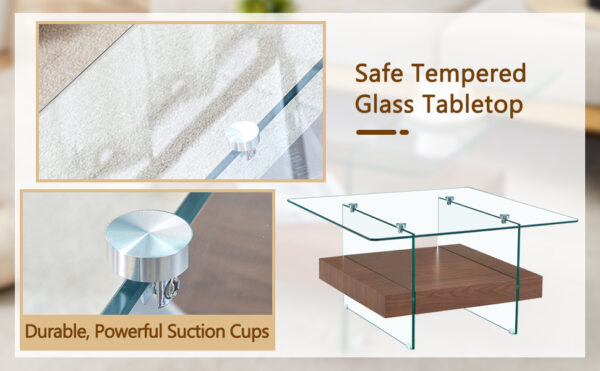 bea6af022e5a4f4985bdd45af68e484a_7e39ef17daa5a0d4a2a369e4bdd2fe8b 31.4 Inch Modern Two-Tier Square Coffee Table - An Elegant Combination of Clear Glass and Dark Wood Texture Sticker It can be used not only as a coffee table but also as a side table or display stand.
