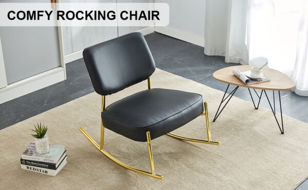PU material cushioned rocking chair, unique rocking chair, cushioned seat, black backrest rocking chair, and gold metal legs. Comfortable side chairs in the living room, bedroom, and office