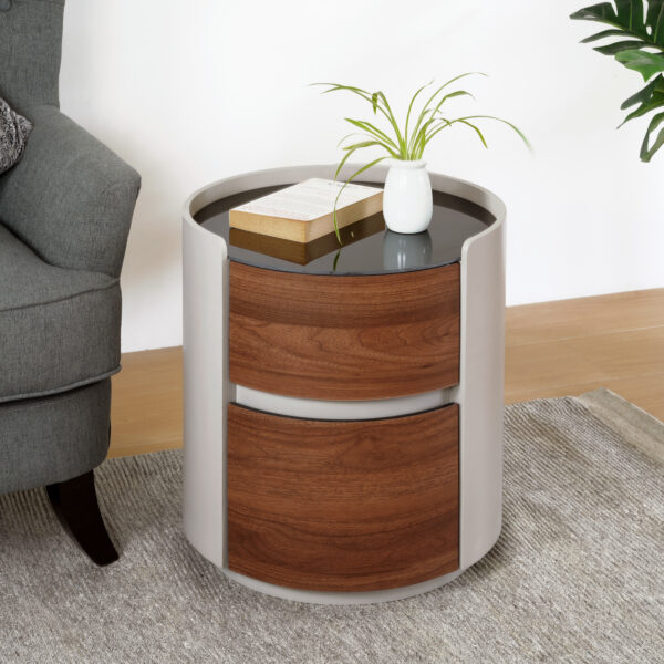 bec270b386344f6ba04afccb0f56c645_60409d1ee7d19c073118302ac28f0d80 MDF ITALIAN RETRO DOUBLE STORAGE ROUND SIDE TABLE, GRAY BROWN COLOR