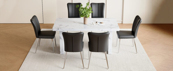 bec5f0927d2a43e58fd0d595616e3fa4_65660caad39f413f874c16f6319d6f65 Table and chair set.63"*35.4" White Imitation Marble Pattern MDF Dining Table Set - 6 Black PU Chairs with a vertical stripe design on the backrest.Create Your Exclusive Low-Key Luxury Space.