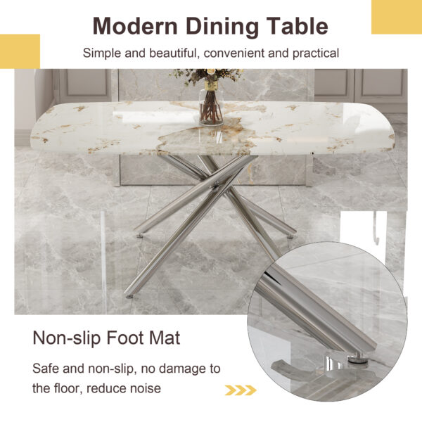 bec88fe748ff4b5881c2138d3f7e4c28_63b86d0ba477c3f86187b9ffdd06168f Table and chair set.Modern Luxurious white Marble-Patterned Tempered Glass Dining Table with 6 Transparent Plastic Chairs with silver legs.Single fork silver metal table legs.