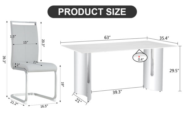 Modern minimalist dining table. Imitation marble glass sticker desktop, stainless steel legs, stable and beautiful. 4 premium PU seats. 63 inches * 35.4 inches * 29.5 inches DT-69 C-1162
