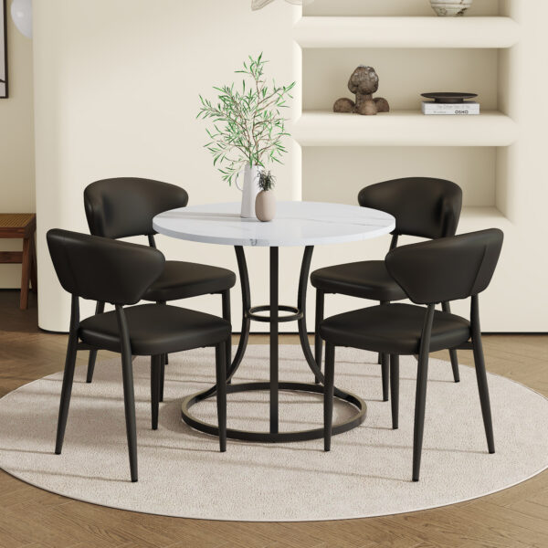bf2248606f8e41d1a47e8fbb0e3e1612_3bfcb15c8ab9cbc3074c74e293808137 Table and chair set.A Modern Minimalist Circular Dining Table With A Diameter Of 33.3 Inches.Paired With 4 Black Minimalist Ergonomic Dining Chair, With A Curved Backrest For Comfortable Design.