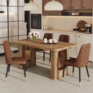 Table and chair set.64.5 x 35.4 Inch Stylish Wood Color Textured Dining Table.Paried With 4 BrownTechnology-Fabric Dining Chairs.Suitable for kitchen,Dining room,etc.