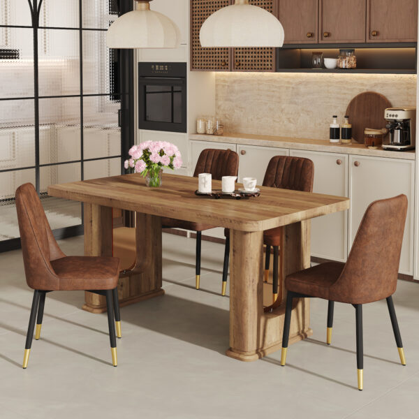 bf26de5b185d48fdac052b768b1e371d_c2e07e004e2a6ef7948df7b620c83e4e Table and chair set.64.5 x 35.4 Inch Stylish Wood Color Textured Dining Table.Paried With 4 BrownTechnology-Fabric Dining Chairs.Suitable for kitchen,Dining room,etc.