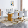 Table and chair set.Large modern rectangular table with 0.4 inch patterned glass tabletop and large MDF table legs.Comes with 8 chairs with faux leather cushioned seats and golden metal legs.