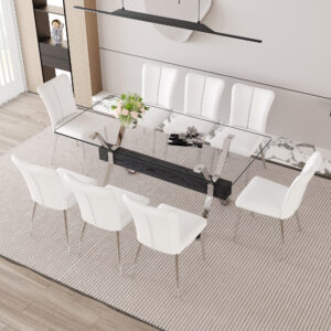Table and chair set.Elegant Transparent Tempered Glass Dining Set - 71"x35.4" with 8 White PU Chairs with a vertical stripe design on the backrest.