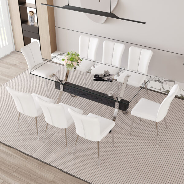 bf402c0036204cd7b04d74f724155113_04033f9d7a9bb8ff7f0b4ae4d2282c95 Table and chair set.Elegant Transparent Tempered Glass Dining Set - 71"x35.4" with 8 White PU Chairs with a vertical stripe design on the backrest.