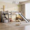 Gray Stairway Twin Size Loft Bed with Two Drawers and Slide, perfect for kids' bedrooms