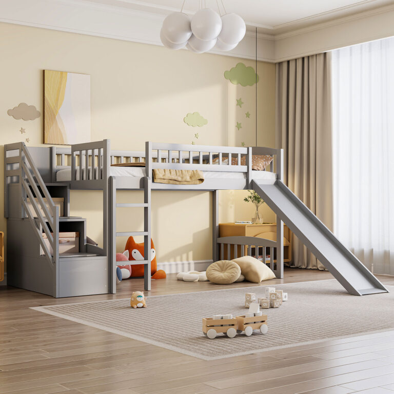 Gray Stairway Twin Size Loft Bed with Two Drawers and Slide, perfect for kids' bedrooms