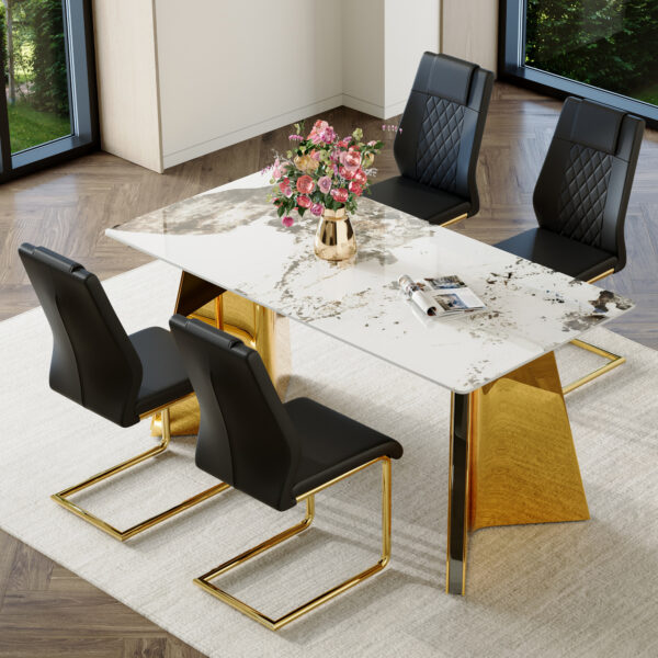 bf66f7b77d9c4af18d98faf392f2e3f8_f201415ef85e747d7a4bea3fb330d805 Table and chair set.63"x31.5x30" Luxurious Pandora patterned Sintered Stone Tabletop with Golden Stainless Steel Butterfly Legs.Paried With 4 Black High-quality PU Chairs With Arched Metal Legs.