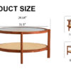 Modern minimalist circular double-layer solid wood coffee table, craft glass tabletop, second layer material: PE rattan, solid wood frame. 34.6 '* 34.6' * 17.7''