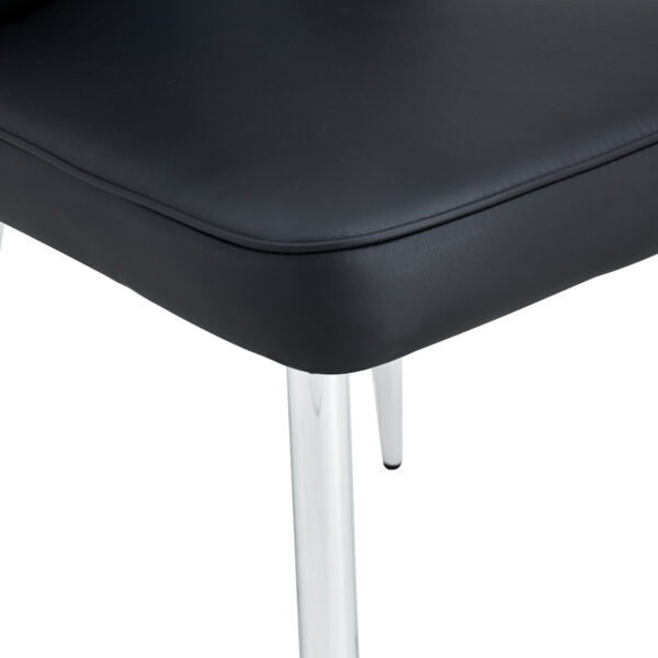bf7c968f67304657a716918c0f36a7d7_967a1ed34d76b2df521e9c8ee0a70fc0 Table and chair set.63"x31.5x30" Luxurious Pandora patterned Sintered Stone Tabletop with Silver Stainless Steel Legs.Paried With 4 Black PU Chairs with a vertical stripe design on the backrest.