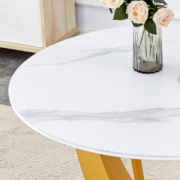bf82a9e1e8db4d93a56f62d1ed1f9229_7ab2d66332d0f9350894ee409cde8e92 Table and chair set.Luxurious Snow Mountain White Slab Round Dining Table Set - 47"x47" with 4 Light Gray PU Chairs.Sintered Stone Tabletop,MDF Table Leg,