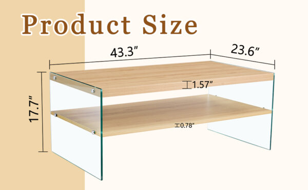 Double layered rectangular coffee table.The board is made of MDF with wooden stickers, with transparent tempered glass on both side.Suitable for various occasions such as living rooms and bedrooms.
