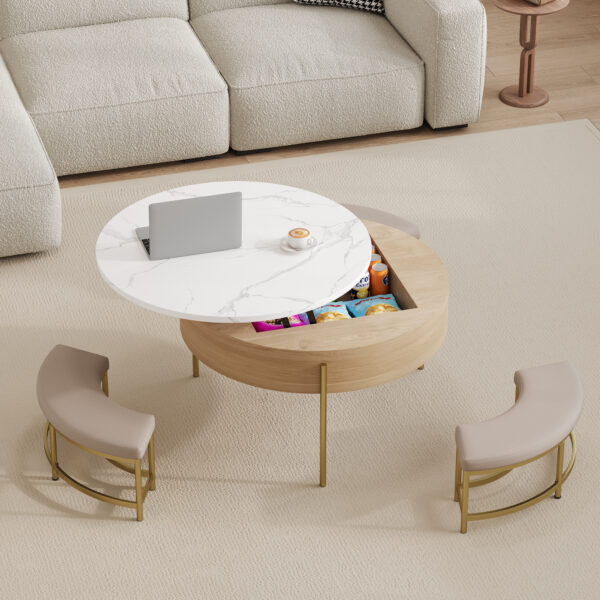 Modern Round Lift-Top Coffee Table with Storage & 3 Ottoman White & Natural