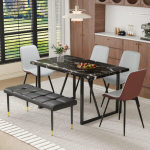 Table and chair set.Modern Black Marble Pattern MDF Dining Table Set - 55"x31.4" with 4 Extended Seat Cushion PU Dining Chairs and 1 Bench,A Choice of Subtle Luxury for Modern Homes.