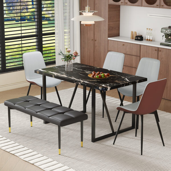 bfa85d334cfc4cfea873f85abc5bcf92_998a614bb78e6b5c4f97cc68168b243a Table and chair set.Modern Black Marble Pattern MDF Dining Table Set - 55"x31.4" with 4 Extended Seat Cushion PU Dining Chairs and 1 Bench,A Choice of Subtle Luxury for Modern Homes.