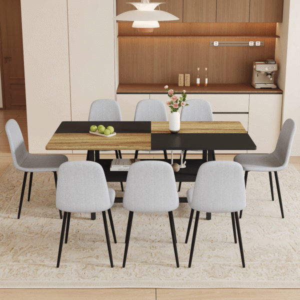 Table and chair set.71*35.4 inch Wooden And Black Spliced Dining Table With Storage Function In The Middle Of The Table Legs.Paired With 8 Light Gray Linen Fabric Chairs.