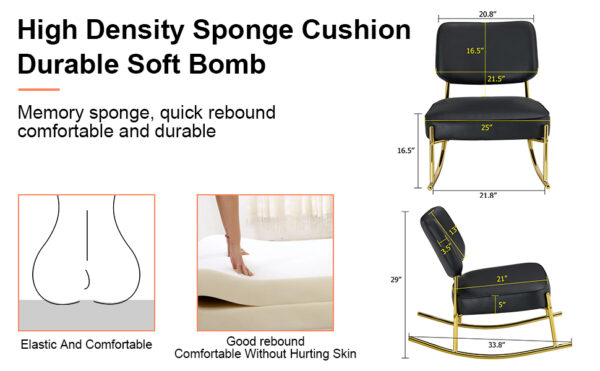 PU material cushioned rocking chair, unique rocking chair, cushioned seat, black backrest rocking chair, and gold metal legs. Comfortable side chairs in the living room, bedroom, and office