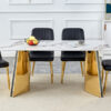 Table and chair set.63"x31.5x30" Luxurious Cold Jade Patterned Sintered Stone Table with Golden Stainless Steel Legs.Paried With 4 Black PU Chairs with Simple Line Designs On The Backrest.
