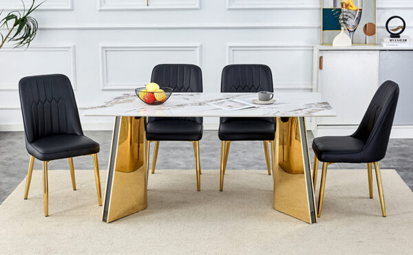 c0066d17c20541a79be5e62886c88281_c1b3fa2d9ec932ac79419ef3d0f9fca1 Table and chair set.63"x31.5x30" Luxurious Cold Jade Patterned Sintered Stone Table with Golden Stainless Steel Legs.Paried With 4 Black PU Chairs with Simple Line Designs On The Backrest.
