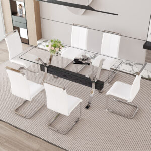 Table and chair set.Elegant Transparent Tempered Glass Dining Set - 71"x35.4" with 6 White PU Chairs with silver C-tube metal leg.