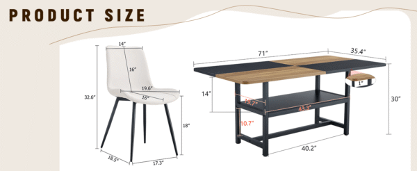 Table and chair set.71*35.4 inch Wooden And Black Spliced Dining Table With Storage Function In The Middle Of The Table Legs.Paired With 6 White Artificial PU Chairs With Curved Widened Cushion Design