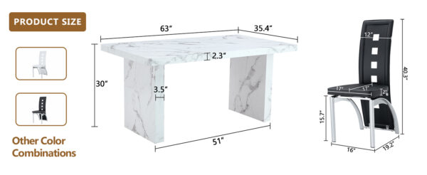 c04b3f680b9e4a75987da3e767234e8e_eabcad3972a9096394884ff46a7768a3 Table and chair set.63"*35.4" White Imitation Marble Pattern MDF Dining Table Set - 4 PU Chair With Black Saddleback, Geometric Pattern Backrest,Silver Curved Metal Leg..Suitable For Various Scenes.