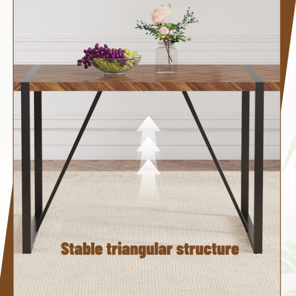 Table and chair set.A retro rectangular dining table with fishbone patterned MDF desktop and black metal legs.Paired With 6 Brown technology fabric chairs with Featuring arched black legs.