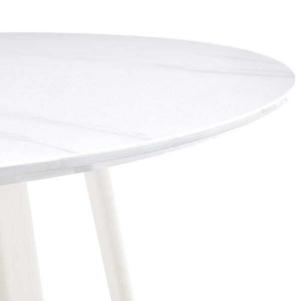 c0684b8de63a44f193b6a4488d947622_32d397d2b11a2dcebdec25f947dc9cd5 A modern minimalist circular dining table with a 42 inch diameter white patterned tabletop and white metal legs. Suitable for restaurants, living rooms, and conference rooms.
