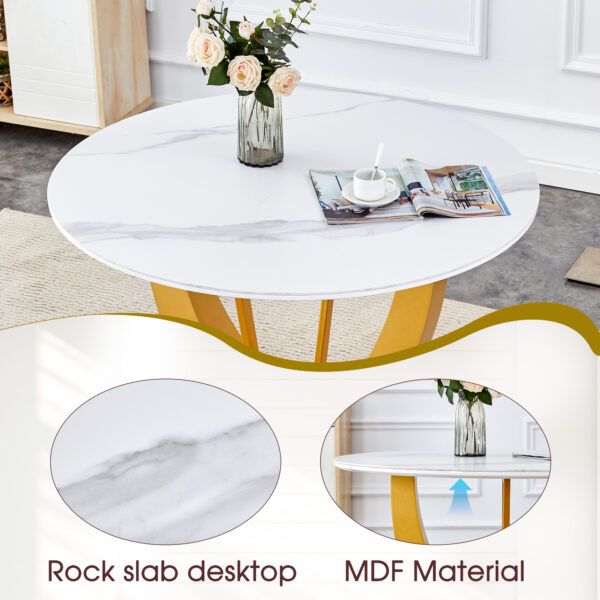 c07570459f8f4ba6affe832a6c89f21f_c6b87ea435f7ca29ea29bd312895151a Table and chair set.Luxurious Snow Mountain White Slab Round Dining Table Set - 47"x47" with 4 Black PU Chairs with Simple Line Designs On The Backrest .Golden Metal Legs.