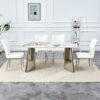 Table and chair set.63"x31.5x30" Luxurious Pandora patterned Sintered Stone Tabletop with Silver Stainless Steel Legs.Paried With 4 White PU Chairs with a vertical stripe design on the backrest.
