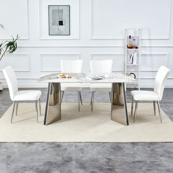 c0ac7238f9e142c48880dd895f52aa93_c4f233ef273ff529b544cd23fe0ce245 Table and chair set.63"x31.5x30" Luxurious Pandora patterned Sintered Stone Tabletop with Silver Stainless Steel Legs.Paried With 4 White PU Chairs with a vertical stripe design on the backrest.