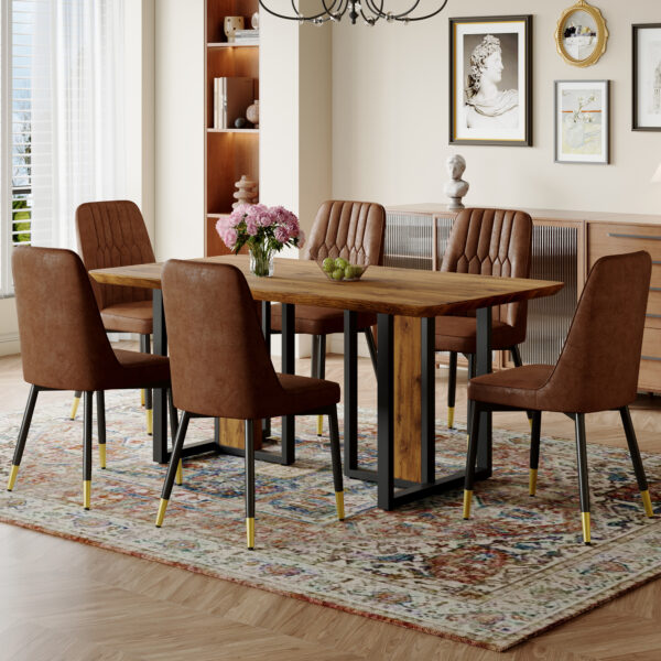 c0d3011358104ca4af54e0d6011cd94f_8fa6a98507dd2ab46163901208a8f2ce Table and chair set.67"x36" Wood-Textured MDF Dining Table Set with 6 Brown Suede Chairs.MDF sticker,Wood colored texture sticker,Brown armless dining chair,Suitable for kitchen,Dining room,etc.