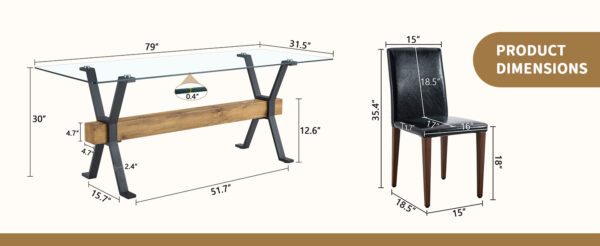 c0da886c205445c79b851b24e869004e_b87a39c89aa1f1e67c91e751a9967f65 Table and chair set.79"x31.5" Inch Tempered Glass Tabletop With X-shaped Black Metal Table Legs,Wood Grain Textured MDF Crossbeam.Paired With 8 Black PU Dining Chairs with Walnut Color Metal Leg.
