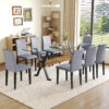 Table and chair set.79"x31.5" Inch Tempered Glass Tabletop With X-shaped Black Metal Table Legs,Wood Grain Textured MDF Crossbeam.Paired With 8 Light Gray Linen-Cotton Dining Chairs.
