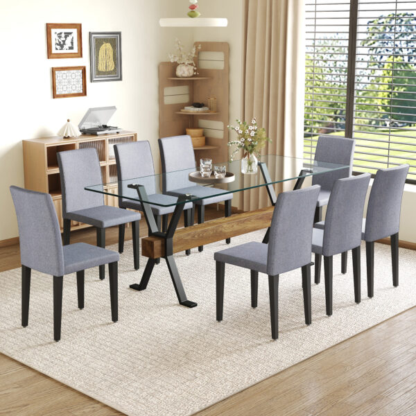 c0dcebe3c72c410d8b2cc360652cc213_be5348e5a59b5604537aa47e4435f25f Table and chair set.79"x31.5" Inch Tempered Glass Tabletop With X-shaped Black Metal Table Legs,Wood Grain Textured MDF Crossbeam.Paired With 8 Light Gray Linen-Cotton Dining Chairs.