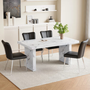 Table and chair set.63"*35.4" White Imitation Marble Pattern MDF Dining Table Set - 4 Black PU Chairs with a vertical stripe design on the backrest.Create Your Exclusive Low-Key Luxury Space.