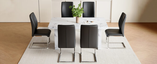 c0e489042f774d049bd1f51370c01038_115b510c763be2432eac848ea59d8a60 Table and chair set.63"*35.4" White Imitation Marble Pattern MDF Dining Table Set - 6 Soft and Comfortable Black PU Chair With Arched Metal Silver Leg.Create Your Exclusive Low-Key Luxury Space.