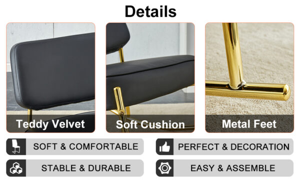 PU material cushioned rocking chair, unique rocking chair, cushioned seat, black backrest rocking chair, and gold metal legs. Comfortable side chairs in the living room, bedroom, and office