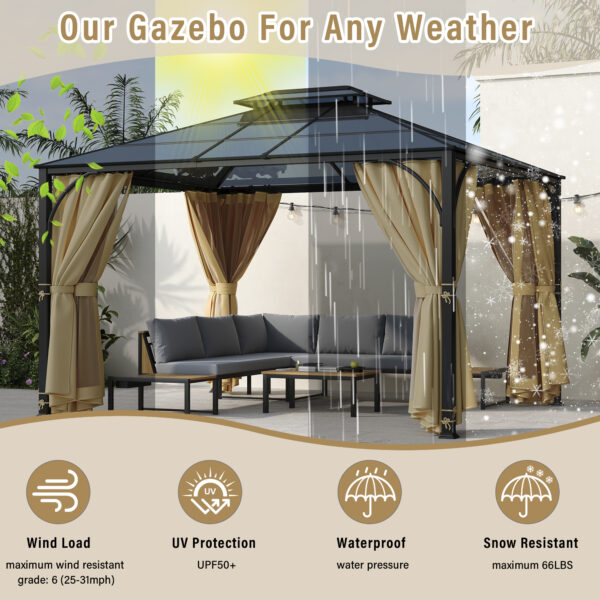 TREXM 10'x12' Hardtop Outdoor Gazebo, Heavy Duty Double Roof Patio Gazebo with Aluminum Frame, Double-Layer Side Walls Mosquito Netting & Privacy Curtains for Patio, Garden, Backyard (Beige)
