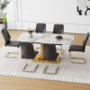 Table and chair set.71"x35.4"x30" Luxurious Pandora Patterned Glass Dining Tabletop with Golden Back To Back C-Shaped MDF Legs.Paried With 6 Black High-quality PU Chairs With Arched Metal Legs.