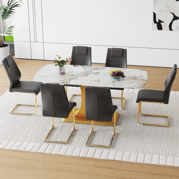 Table and chair set.71"x35.4"x30" Luxurious Pandora Patterned Glass Dining Tabletop with Golden Back To Back C-Shaped MDF Legs.Paried With 6 Black High-quality PU Chairs With Arched Metal Legs.