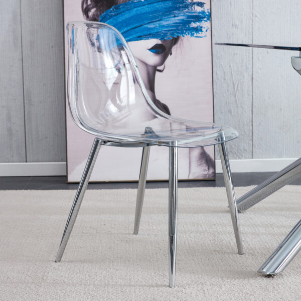 c12b84bff0b244028cb59f746e9797a3_20230114_345ef35ecc23c5774bc89fcc6045d092 Modern minimalist transparent dining chair, plastic chair, armless crystal chair, Nordic creative makeup stool, negotiation chair, silver plated metal leg 6-piece set, TW-1200