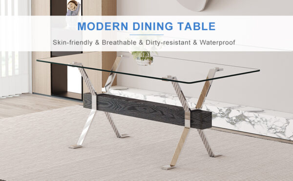 c133de1e780b4fe1b18c1937be902f1c_b9869392fa1610dbc10a39ac4f0dc4dc Dining table. Modern tempered glass dining table. Large modern office desk with silver plated metal legs and black MDF crossbars, suitable for both home and office use. Kitchen. 71 ''x35.4''x30 ''